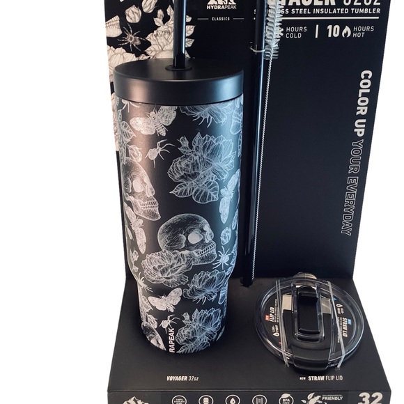HydraPeak Water Bottle Tumbler Voyager 32oz Stainless Steel SKULLS & FLOWERS BLK - Picture 3 of 6